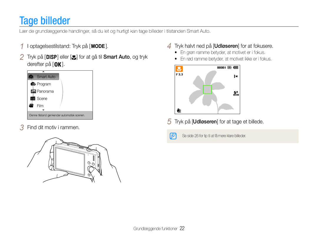 Samsung EC-ST94ZZBPRE2 Tage billeder, Tryk på Udløseren for at tage et billede, Eller for at gå til Smart Auto, og tryk 