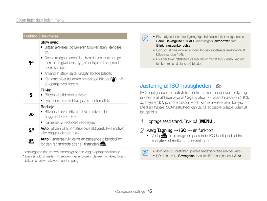 Samsung EC-ST93ZZBPRE2, EC-ST94ZZBPBE2, EC-ST93ZZBPBE2 manual Justering af ISO-hastigheden, Sådan tager du billeder i mørke 