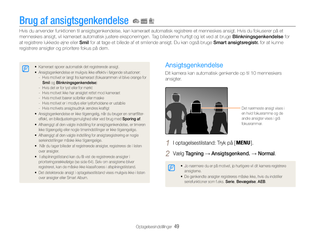 Samsung EC-ST93ZZBPRE2, EC-ST94ZZBPBE2, EC-ST93ZZBPBE2, EC-ST94ZZBPRE2 manual Brug af ansigtsgenkendelse, Ansigtsgenkendelse 