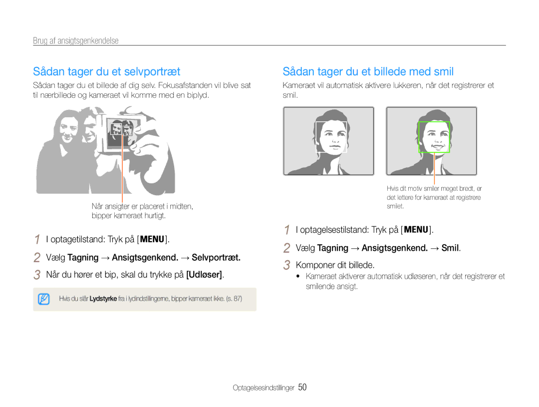 Samsung EC-ST94ZZBPRE2 manual Sådan tager du et selvportræt, Sådan tager du et billede med smil, Brug af ansigtsgenkendelse 