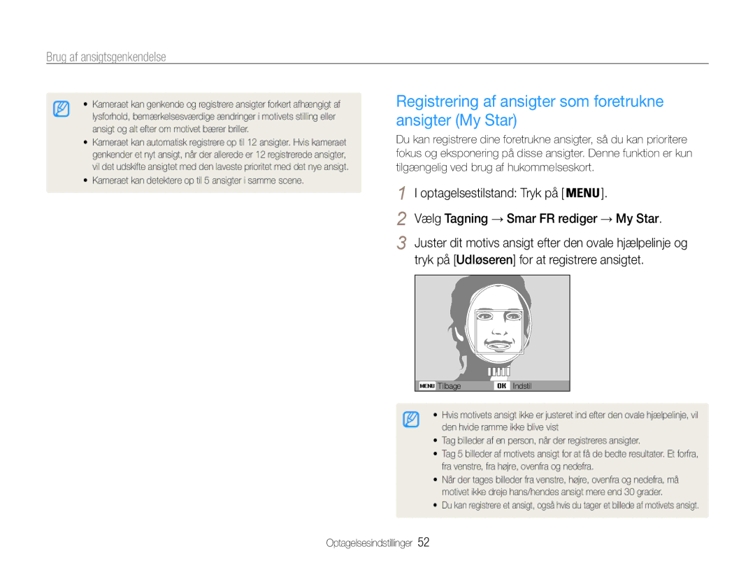 Samsung EC-ST93ZZBPBE2 Registrering af ansigter som foretrukne ansigter My Star, Vælg Tagning → Smar FR rediger → My Star 