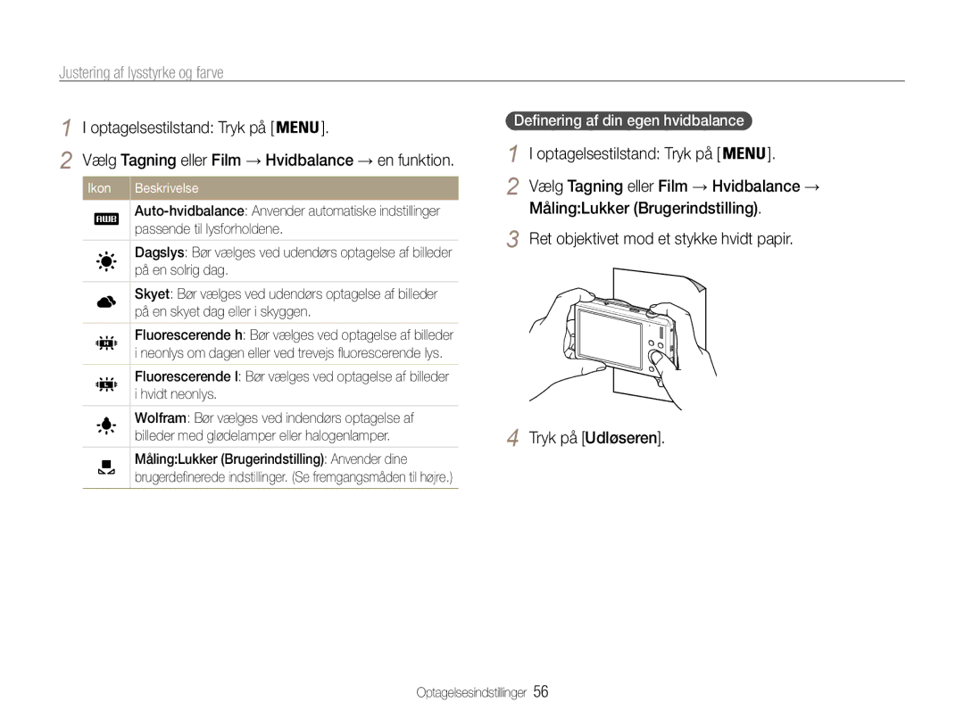 Samsung EC-ST93ZZBPBE2 manual Ret objektivet mod et stykke hvidt papir Tryk på Udløseren, MålingLukker Brugerindstilling 