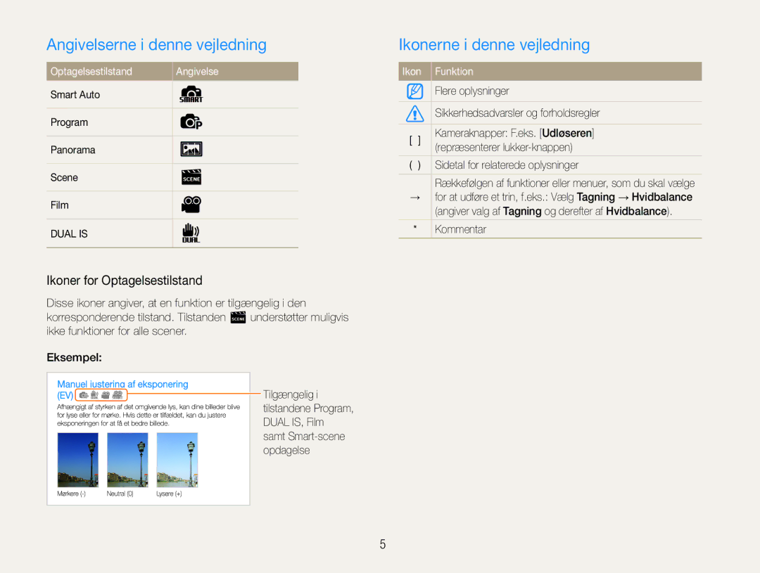 Samsung EC-ST93ZZBPRE2 manual Angivelserne i denne vejledning, Ikonerne i denne vejledning, Ikoner for Optagelsestilstand 