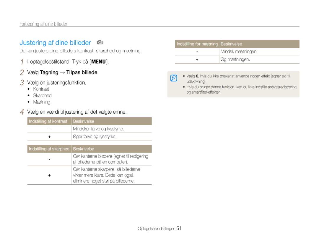 Samsung EC-ST93ZZBPRE2 manual Justering af dine billeder, Vælg en justeringsfunktion, Vælg Tagning → Tilpas billede 