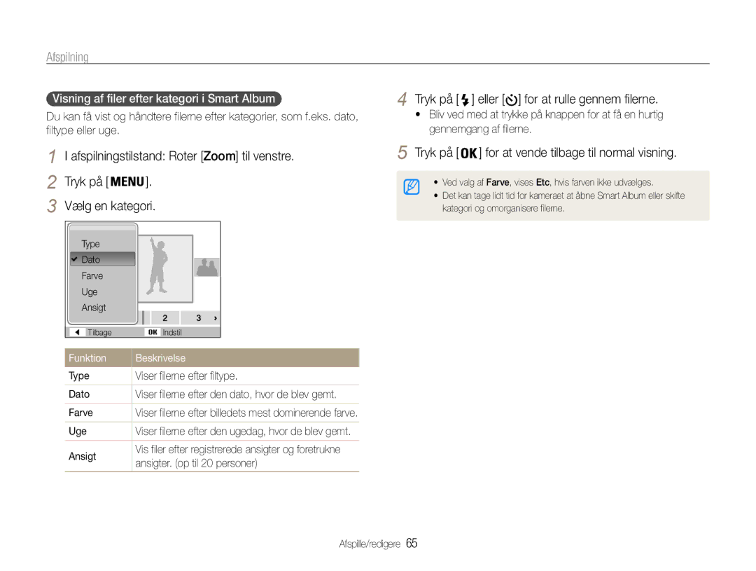 Samsung EC-ST93ZZBPRE2, EC-ST94ZZBPBE2, EC-ST93ZZBPBE2, EC-ST94ZZBPRE2 manual Visning af filer efter kategori i Smart Album 