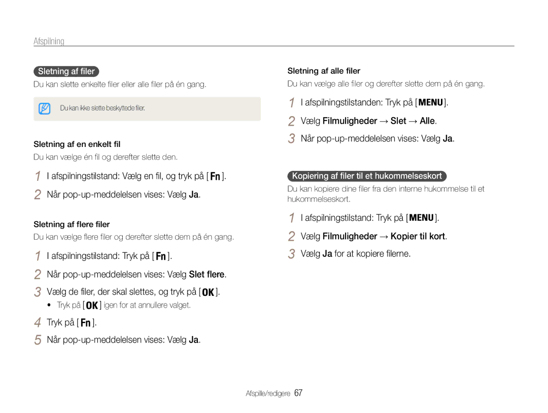 Samsung EC-ST94ZZBPBE2 manual Afspilningstilstanden Tryk på, Kopiering af filer til et hukommelseskort, Sletning af filer 