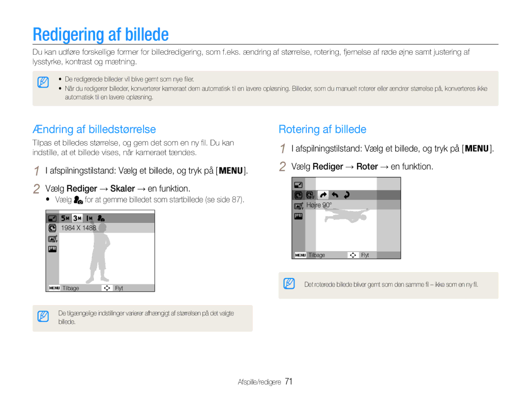 Samsung EC-ST94ZZBPBE2, EC-ST93ZZBPBE2 manual Redigering af billede, Ændring af billedstørrelse, Rotering af billede 