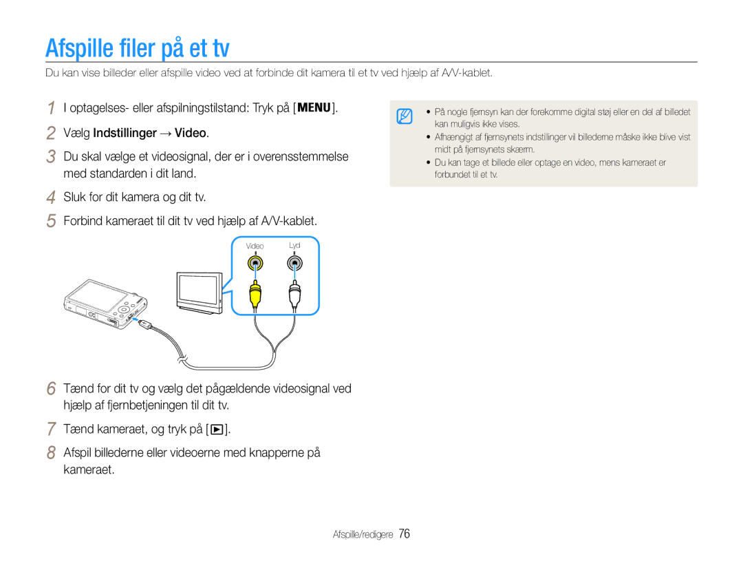 Samsung EC-ST93ZZBPBE2 manual Afspille filer på et tv, Kameraet, Afspil billederne eller videoerne med knapperne på 