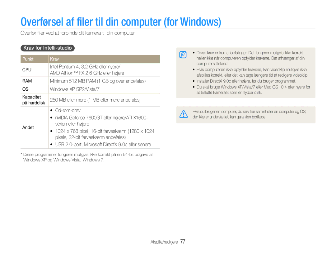 Samsung EC-ST93ZZBPRE2 manual Overførsel af filer til din computer for Windows, Krav for Intelli-studio, Punkt Krav 