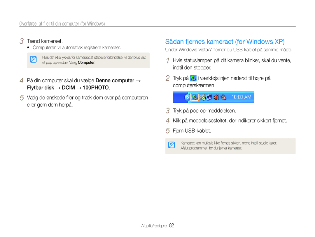 Samsung EC-ST94ZZBPRE2, EC-ST94ZZBPBE2, EC-ST93ZZBPBE2 manual Sådan fjernes kameraet for Windows XP, Fjern USB-kablet 
