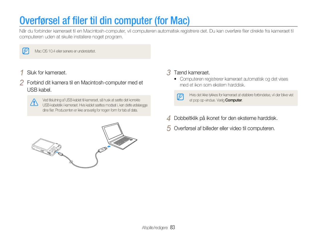 Samsung EC-ST94ZZBPBE2, EC-ST93ZZBPBE2, EC-ST93ZZBPRE2, EC-ST94ZZBPRE2 manual Overførsel af filer til din computer for Mac 