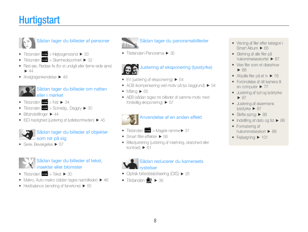 Samsung EC-ST93ZZBPBE2, EC-ST94ZZBPBE2, EC-ST93ZZBPRE2, EC-ST94ZZBPRE2 manual Hurtigstart, Sådan tager du billeder af personer 