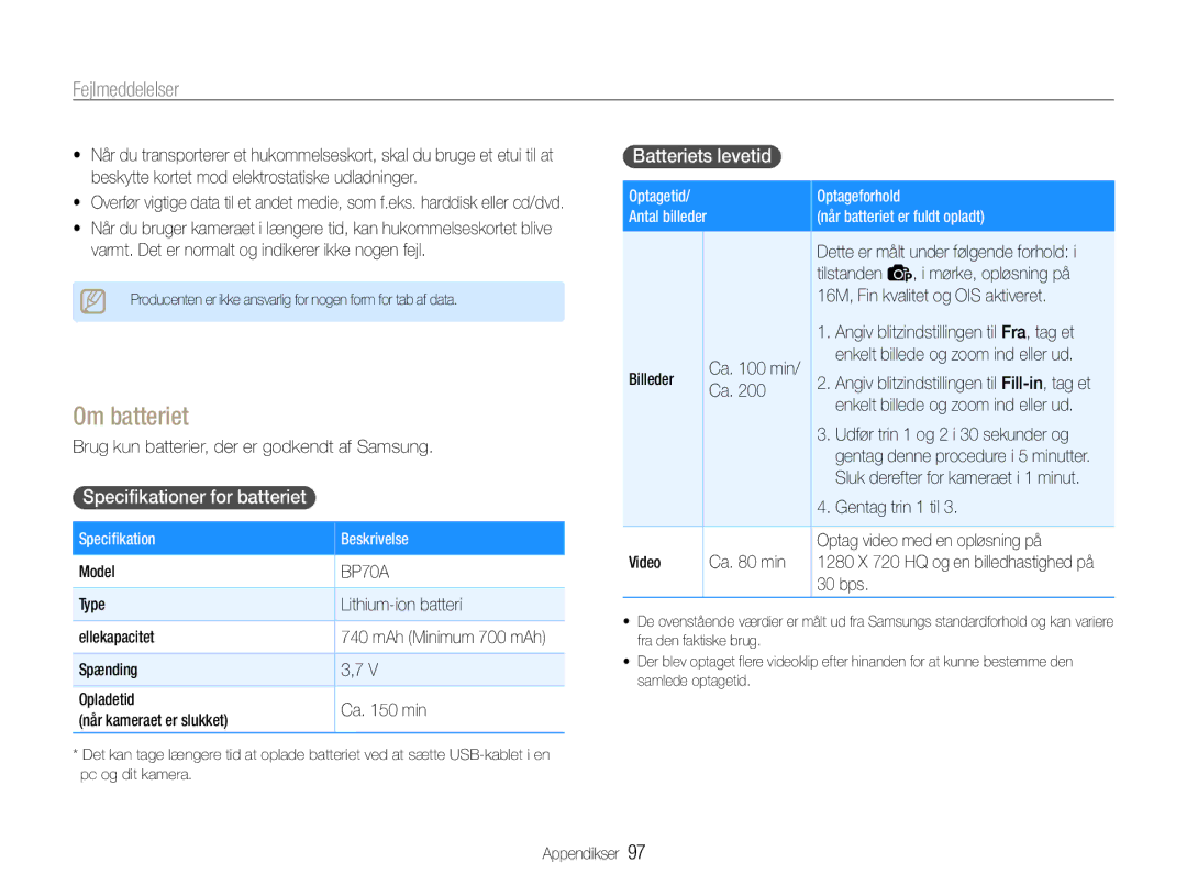 Samsung EC-ST93ZZBPRE2, EC-ST94ZZBPBE2, EC-ST93ZZBPBE2 manual Om batteriet, Specifikationer for batteriet, Batteriets levetid 