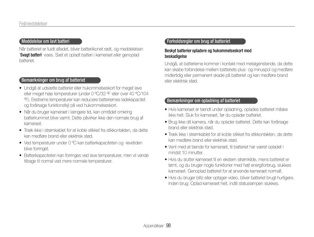 Samsung EC-ST94ZZBPRE2 Meddelelse om lavt batteri, Bemærkninger om brug af batteriet, Forholdsregler om brug af batteriet 