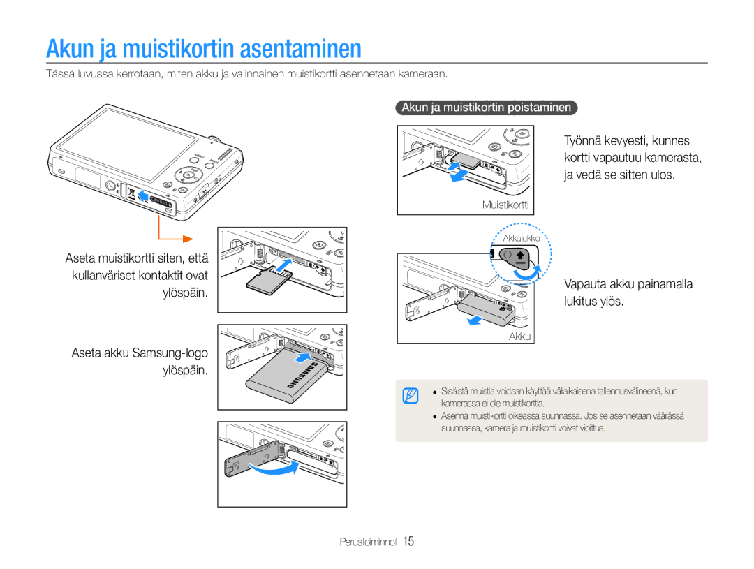 Samsung EC-ST94ZZBPBE2, EC-ST93ZZBPBE2 manual Akun ja muistikortin asentaminen, Vapauta akku painamalla lukitus ylös 