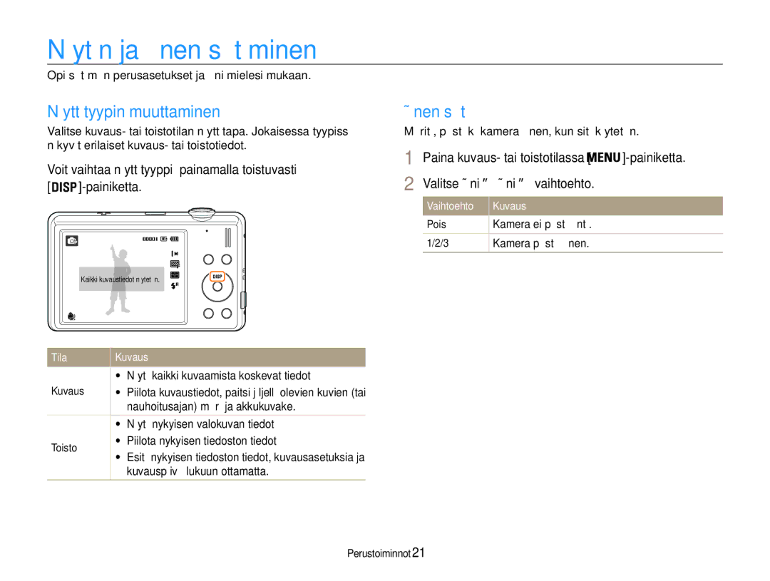 Samsung EC-ST93ZZBPRE2, EC-ST94ZZBPBE2, EC-ST93ZZBPBE2 Näytön ja äänen säätäminen, Näyttötyypin muuttaminen, Äänen säätö 