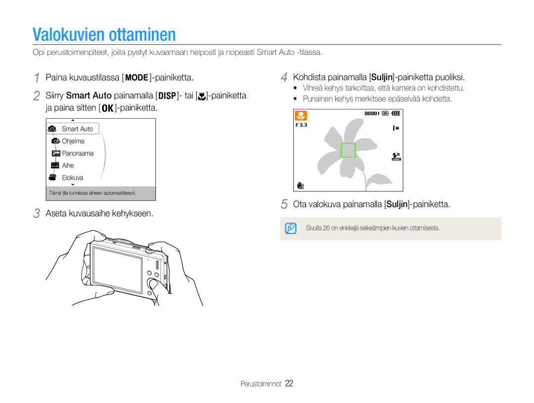 Samsung EC-ST94ZZBPRE2 manual Valokuvien ottaminen, Ja paina sitten Painiketta, Ota valokuva painamalla Suljin-painiketta 