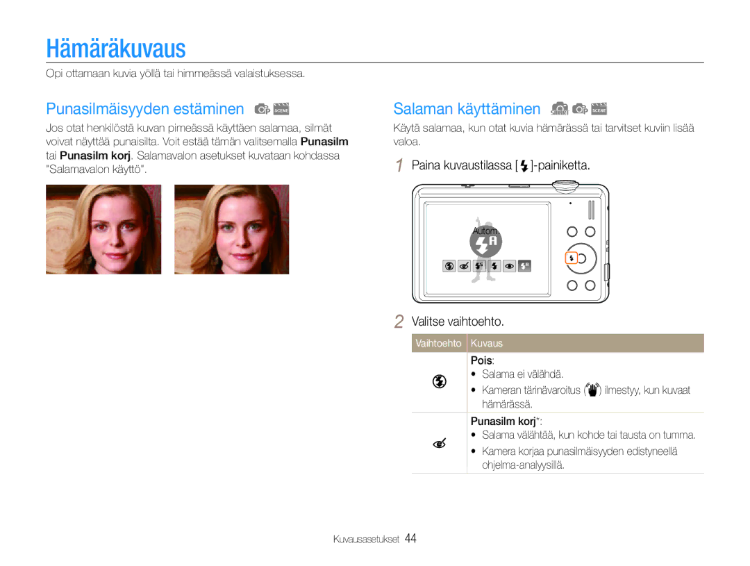 Samsung EC-ST93ZZBPBE2, EC-ST94ZZBPBE2, EC-ST93ZZBPRE2 manual Hämäräkuvaus, Punasilmäisyyden estäminen, Salaman käyttäminen 