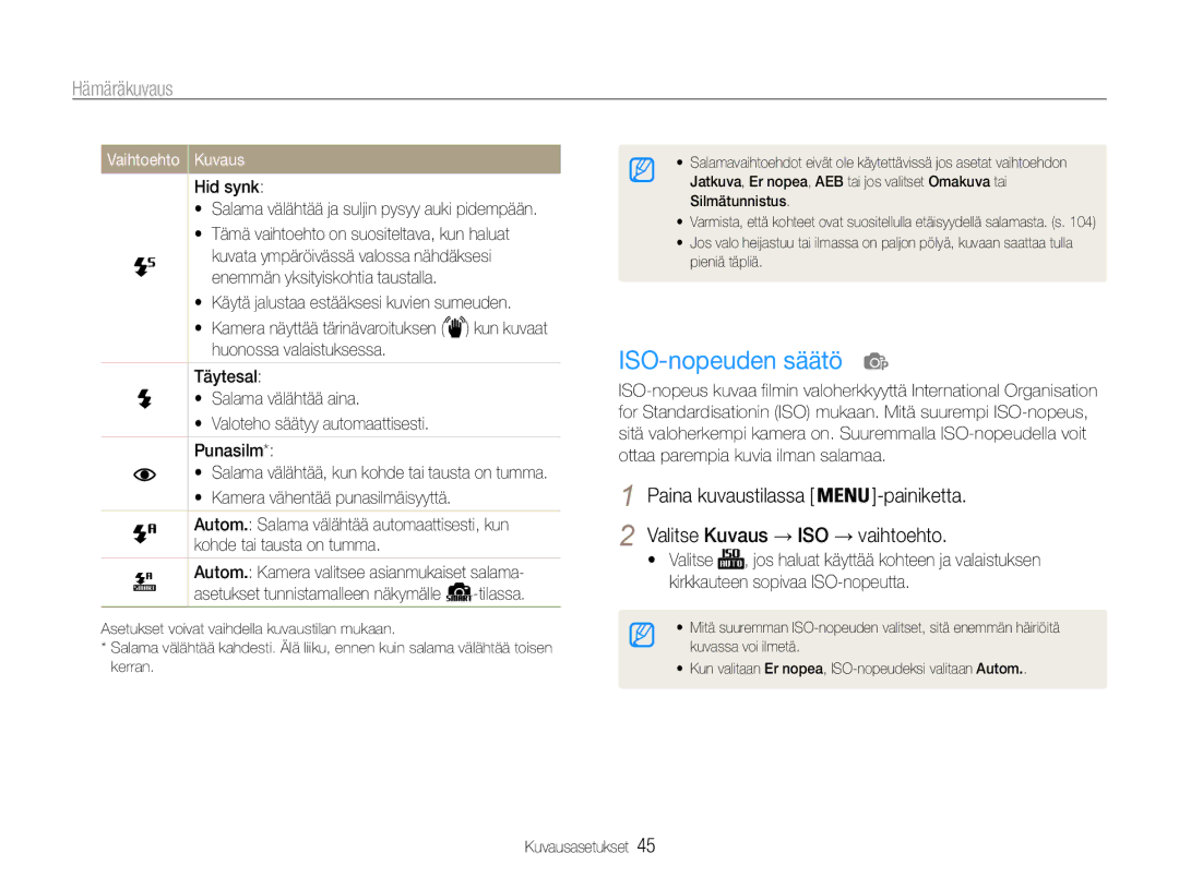 Samsung EC-ST93ZZBPRE2 manual ISO-nopeuden säätö, Hämäräkuvaus, Hid synk Salama välähtää ja suljin pysyy auki pidempään 