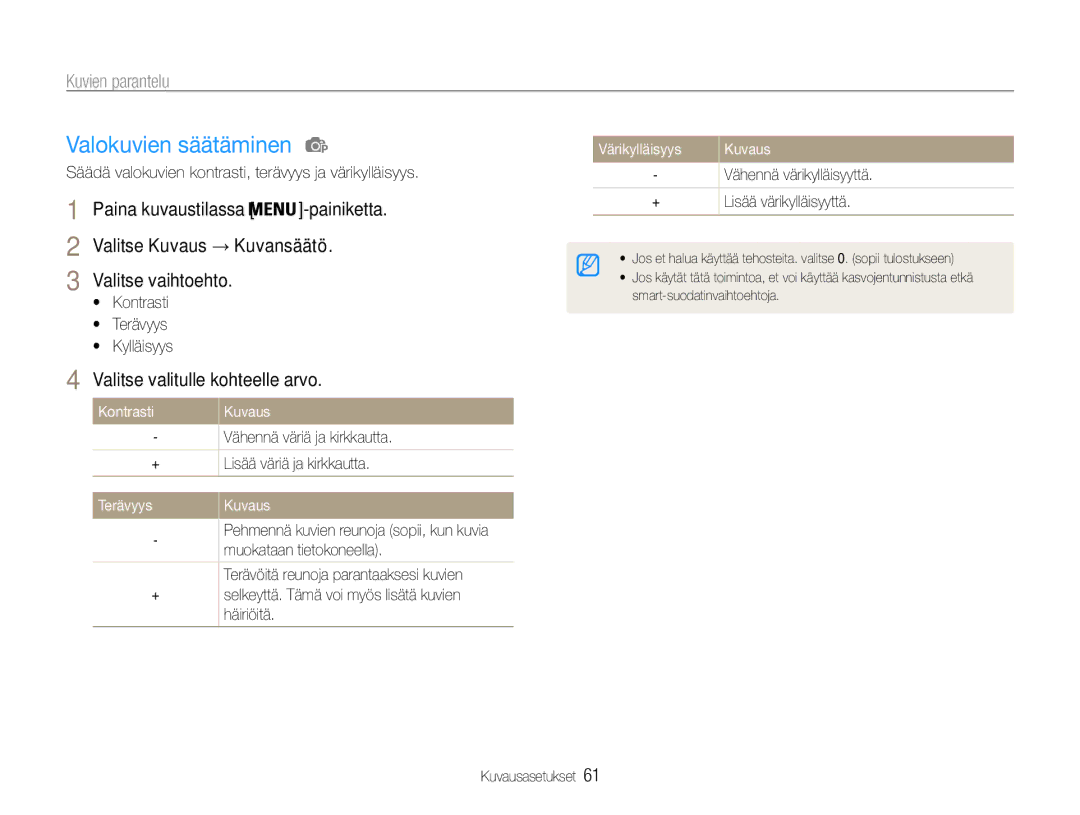 Samsung EC-ST93ZZBPRE2 manual Valokuvien säätäminen, Valitse Kuvaus → Kuvansäätö, Valitse valitulle kohteelle arvo 