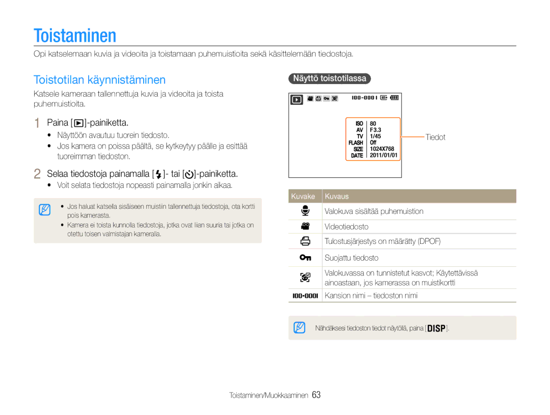 Samsung EC-ST94ZZBPBE2 manual Toistaminen, Toistotilan käynnistäminen, Selaa tiedostoja painamalla tai -painiketta 