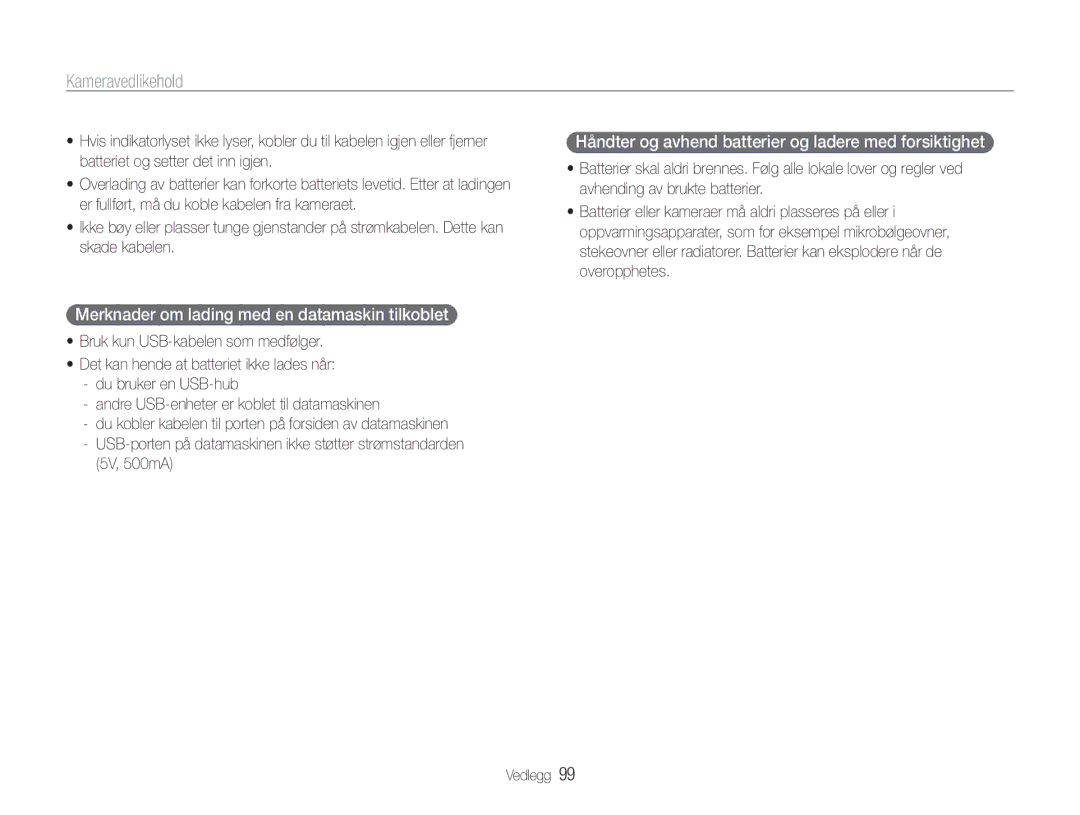 Samsung EC-ST94ZZBPBE2, EC-ST93ZZBPBE2, EC-ST93ZZBPRE2 manual Merknader om lading med en datamaskin tilkoblet, 5V, 500mA 