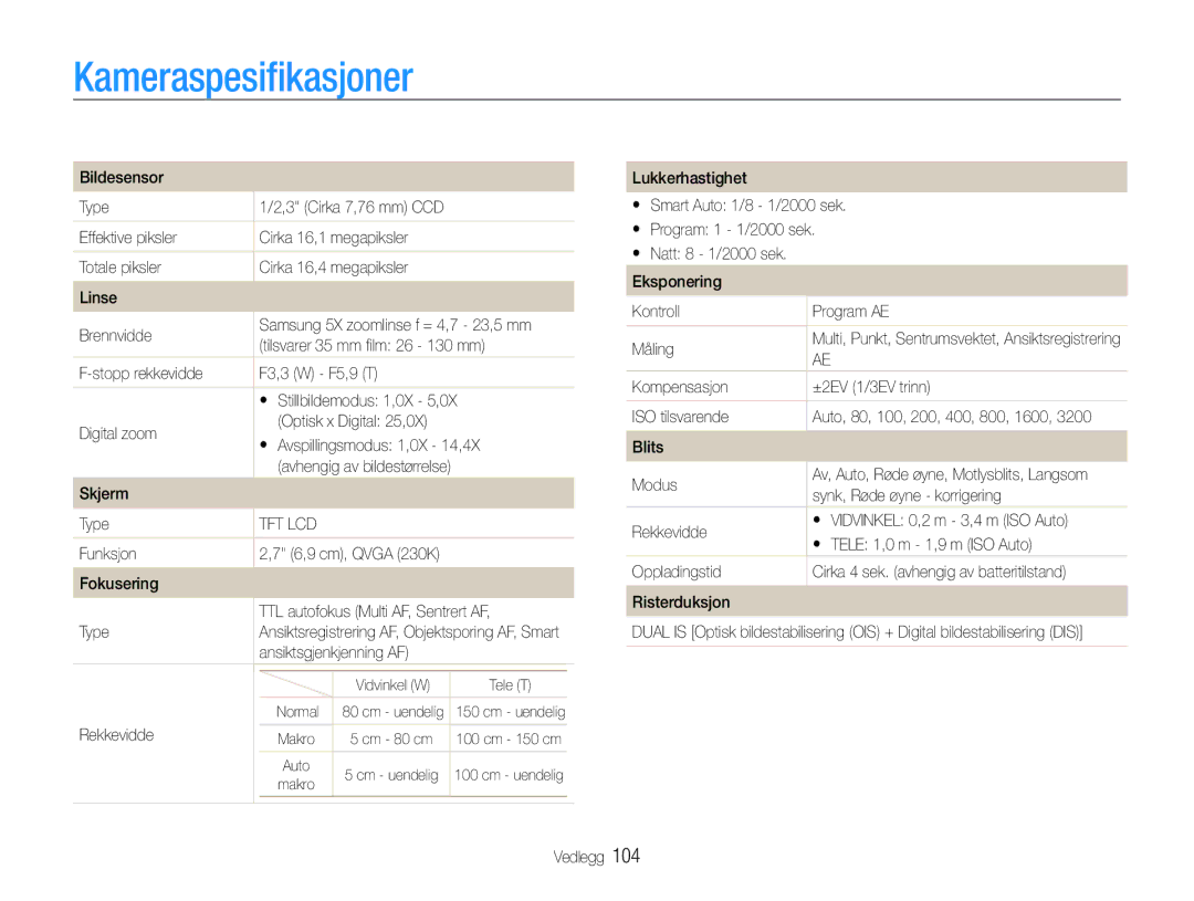 Samsung EC-ST93ZZBPBE2, EC-ST94ZZBPBE2, EC-ST93ZZBPRE2, EC-ST94ZZBPRE2 manual Kameraspesifikasjoner 