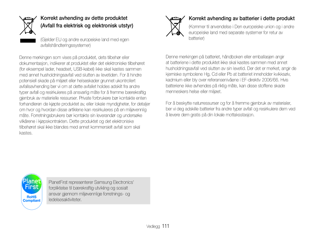 Samsung EC-ST94ZZBPBE2, EC-ST93ZZBPBE2, EC-ST93ZZBPRE2, EC-ST94ZZBPRE2 manual Korrekt avhending av batterier i dette produkt 