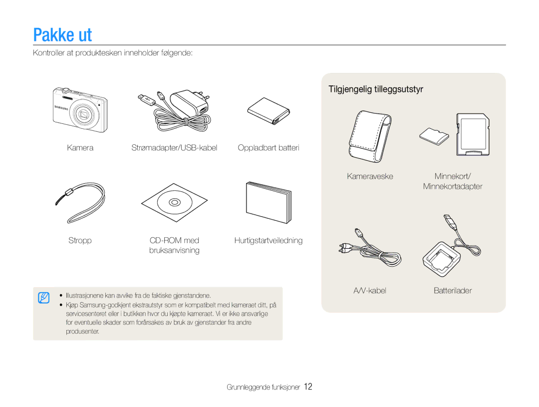 Samsung EC-ST93ZZBPBE2, EC-ST94ZZBPBE2, EC-ST93ZZBPRE2, EC-ST94ZZBPRE2 manual Pakke ut, Tilgjengelig tilleggsutstyr 