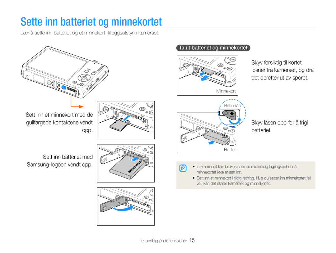 Samsung EC-ST94ZZBPBE2, EC-ST93ZZBPBE2 Sette inn batteriet og minnekortet, Skyv låsen opp for å frigi batteriet, Minnekort 