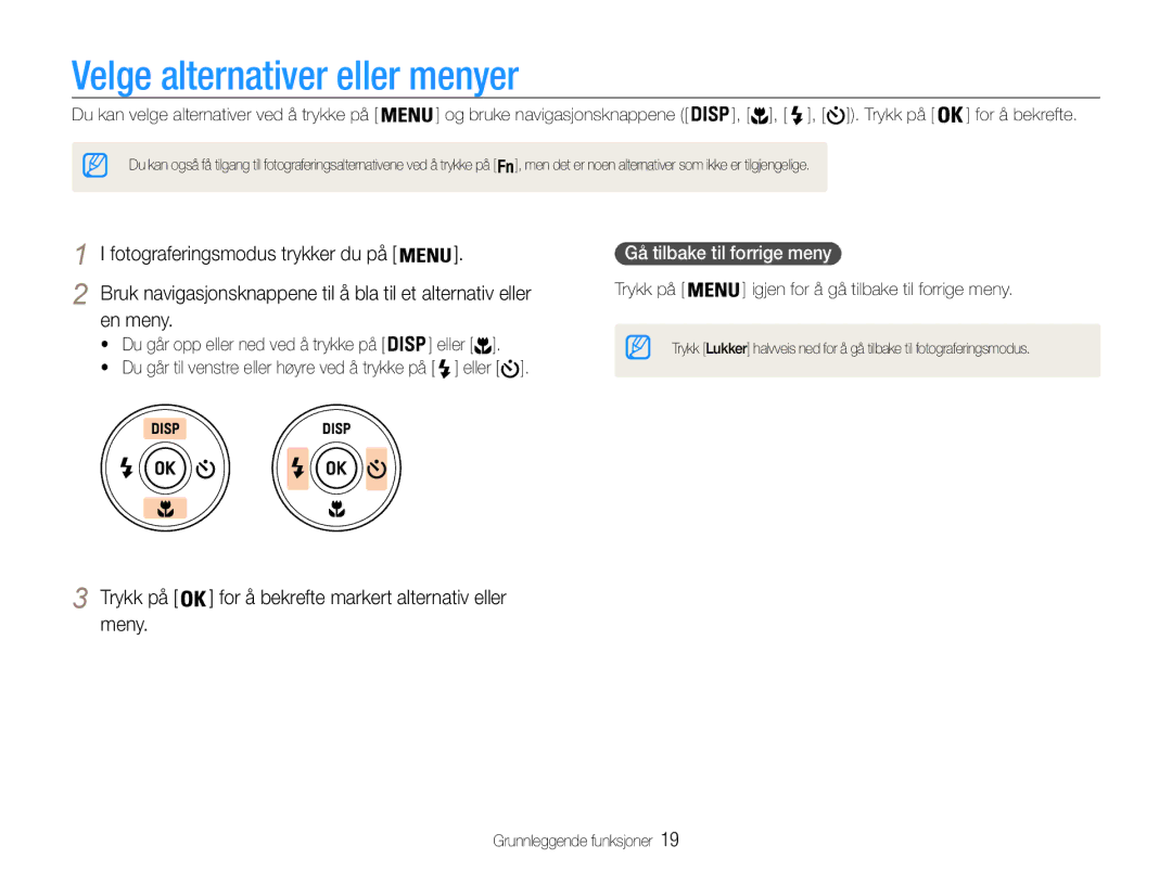 Samsung EC-ST94ZZBPBE2 manual Velge alternativer eller menyer, En meny, Eller, Gå tilbake til forrige meny, Trykk på 