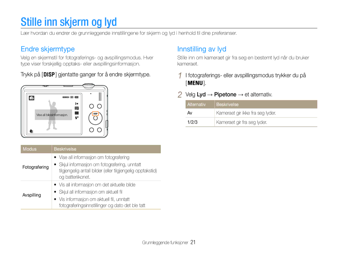 Samsung EC-ST93ZZBPRE2, EC-ST94ZZBPBE2, EC-ST93ZZBPBE2 manual Stille inn skjerm og lyd, Endre skjermtype, Innstilling av lyd 