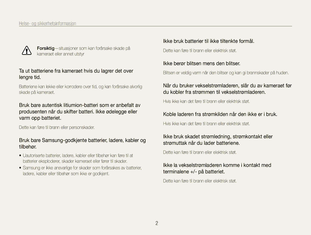 Samsung EC-ST94ZZBPRE2, EC-ST94ZZBPBE2 manual Helse- og sikkerhetsinformasjon, Ikke bruk batterier til ikke tiltenkte formål 