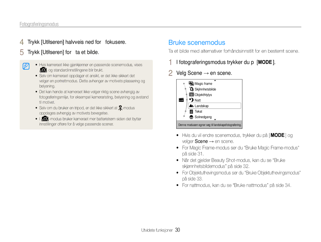 Samsung EC-ST94ZZBPRE2, EC-ST94ZZBPBE2, EC-ST93ZZBPBE2 manual Bruke scenemodus, Fotograferingsmodus, Velg Scene → en scene 