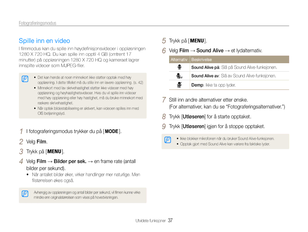 Samsung EC-ST93ZZBPRE2, EC-ST94ZZBPBE2, EC-ST93ZZBPBE2, EC-ST94ZZBPRE2 manual Spille inn en video 