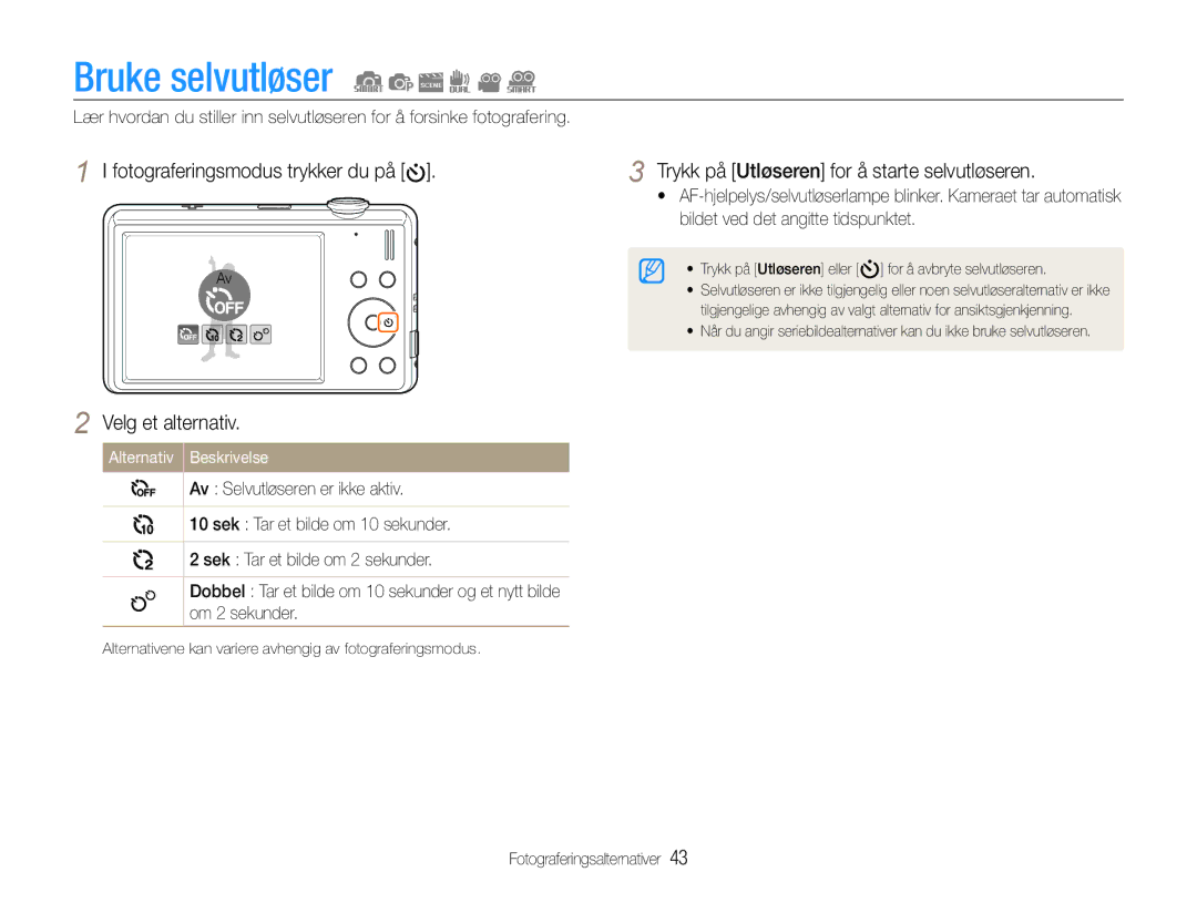 Samsung EC-ST94ZZBPBE2, EC-ST93ZZBPBE2 manual Bruke selvutløser, Fotograferingsmodus trykker du på Velg et alternativ 