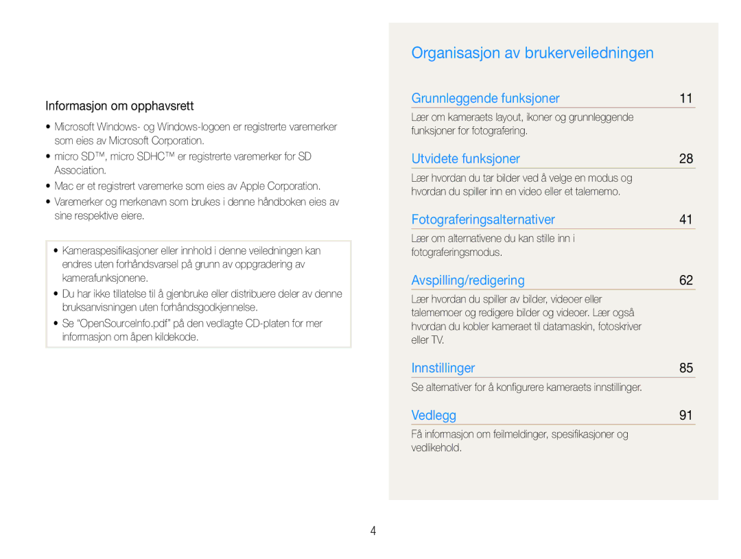 Samsung EC-ST93ZZBPBE2, EC-ST94ZZBPBE2, EC-ST93ZZBPRE2 manual Organisasjon av brukerveiledningen, Informasjon om opphavsrett 