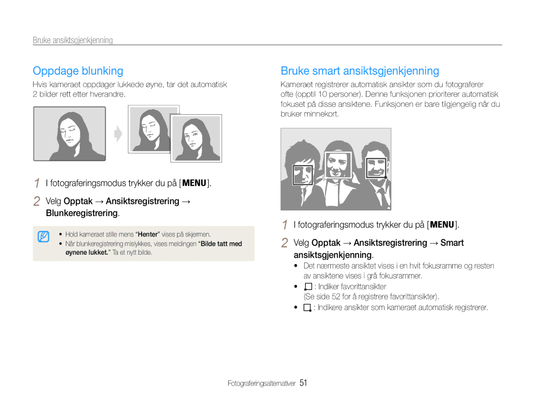 Samsung EC-ST94ZZBPBE2 manual Oppdage blunking, Bruke smart ansiktsgjenkjenning, Blunkeregistrering, Ansiktsgjenkjenning 