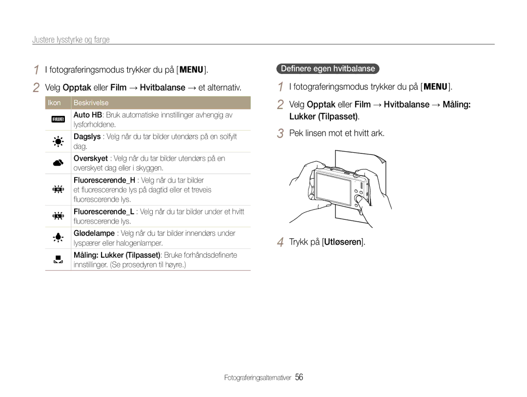 Samsung EC-ST93ZZBPBE2, EC-ST94ZZBPBE2, EC-ST93ZZBPRE2, EC-ST94ZZBPRE2 manual Definere egen hvitbalanse 