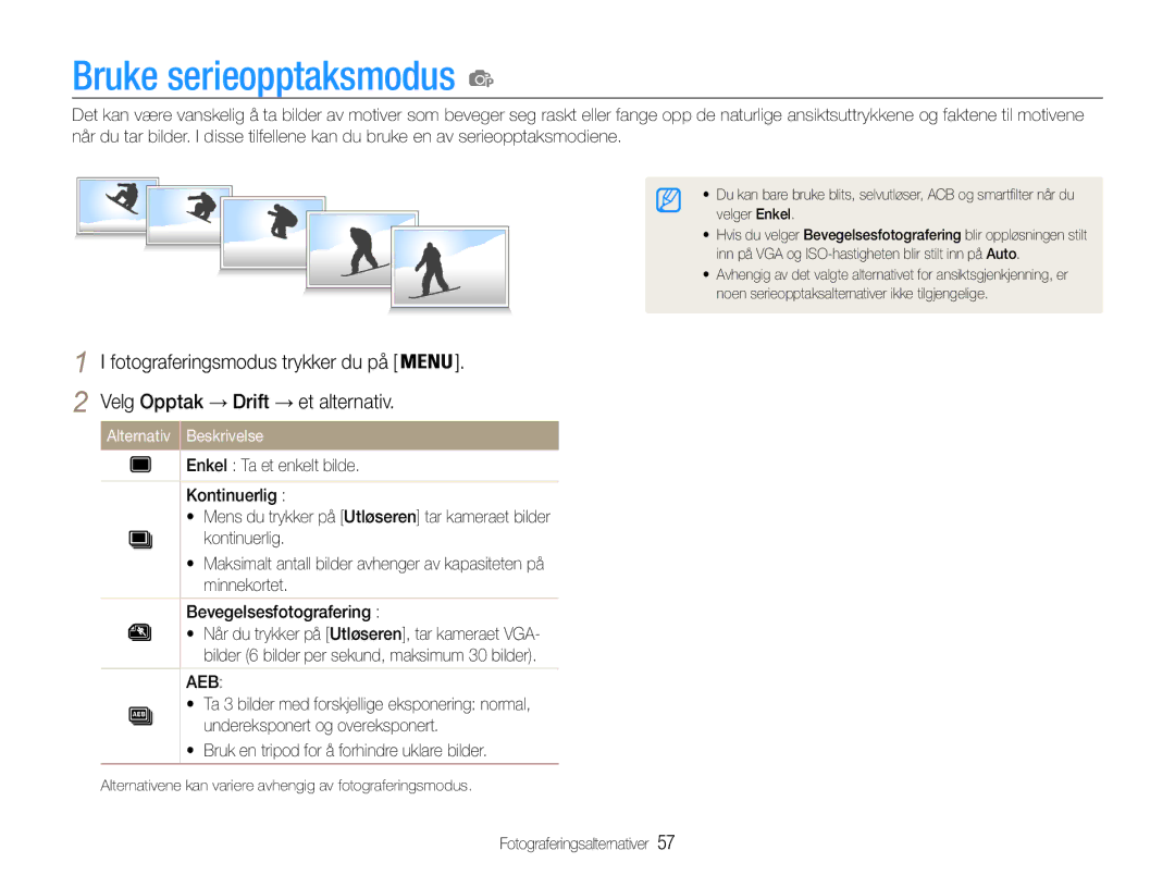 Samsung EC-ST93ZZBPRE2, EC-ST94ZZBPBE2, EC-ST93ZZBPBE2, EC-ST94ZZBPRE2 manual Bruke serieopptaksmodus, Aeb 