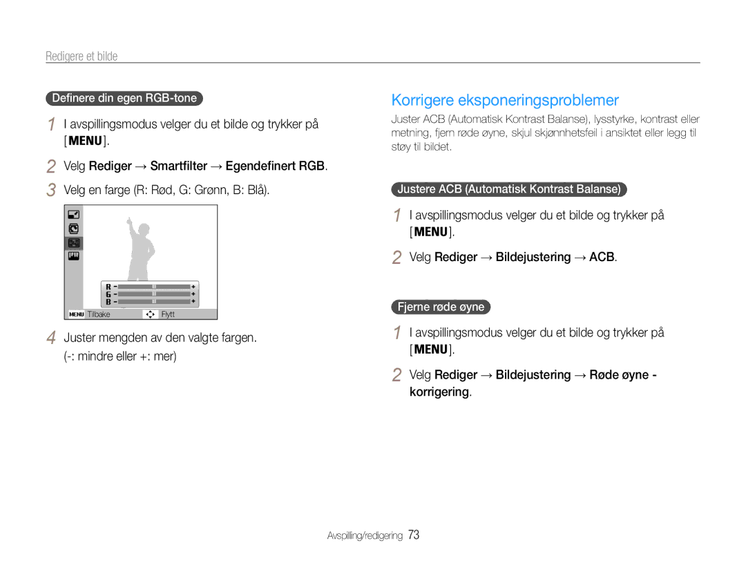 Samsung EC-ST93ZZBPRE2 manual Korrigere eksponeringsproblemer, Juster mengden av den valgte fargen. mindre eller + mer 