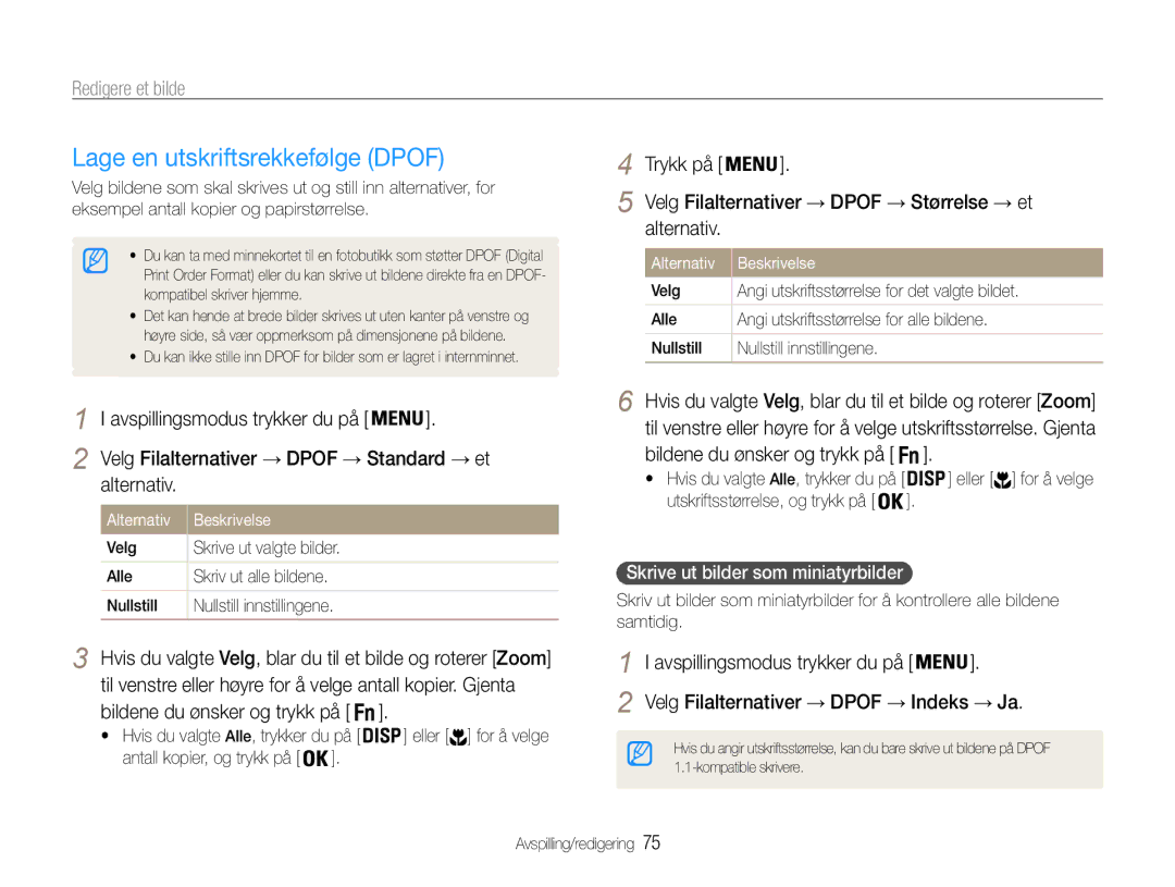 Samsung EC-ST94ZZBPBE2 manual Lage en utskriftsrekkefølge Dpof, Alternativ, Velg Filalternativer → Dpof → Standard → et 