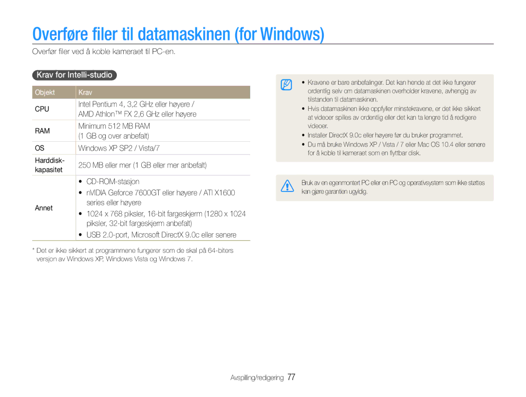 Samsung EC-ST93ZZBPRE2, EC-ST94ZZBPBE2 Overføre filer til datamaskinen for Windows, Krav for Intelli-studio, Objekt Krav 