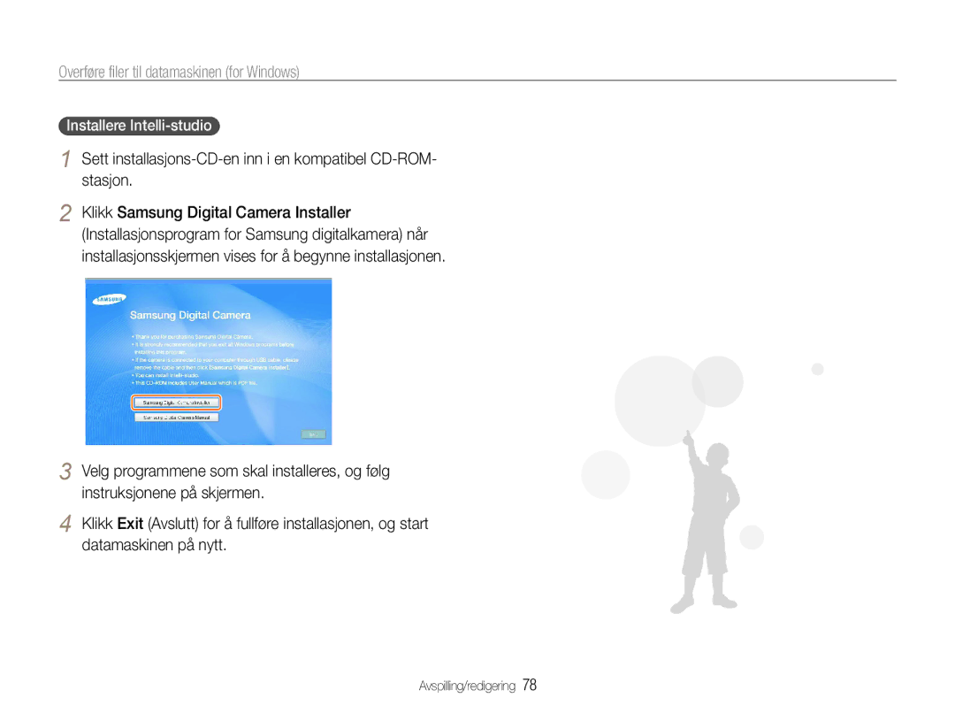 Samsung EC-ST94ZZBPRE2, EC-ST94ZZBPBE2 manual Overføre filer til datamaskinen for Windows, Installere Intelli-studio 