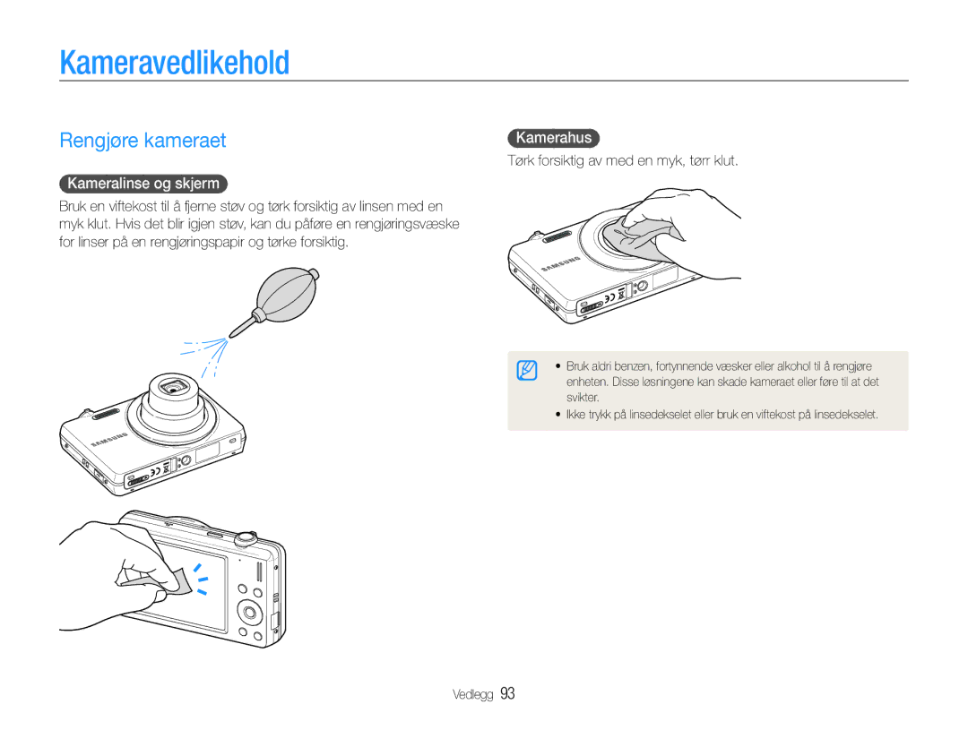 Samsung EC-ST93ZZBPRE2, EC-ST94ZZBPBE2 manual Kameravedlikehold, Rengjøre kameraet, Kameralinse og skjerm, Kamerahus 