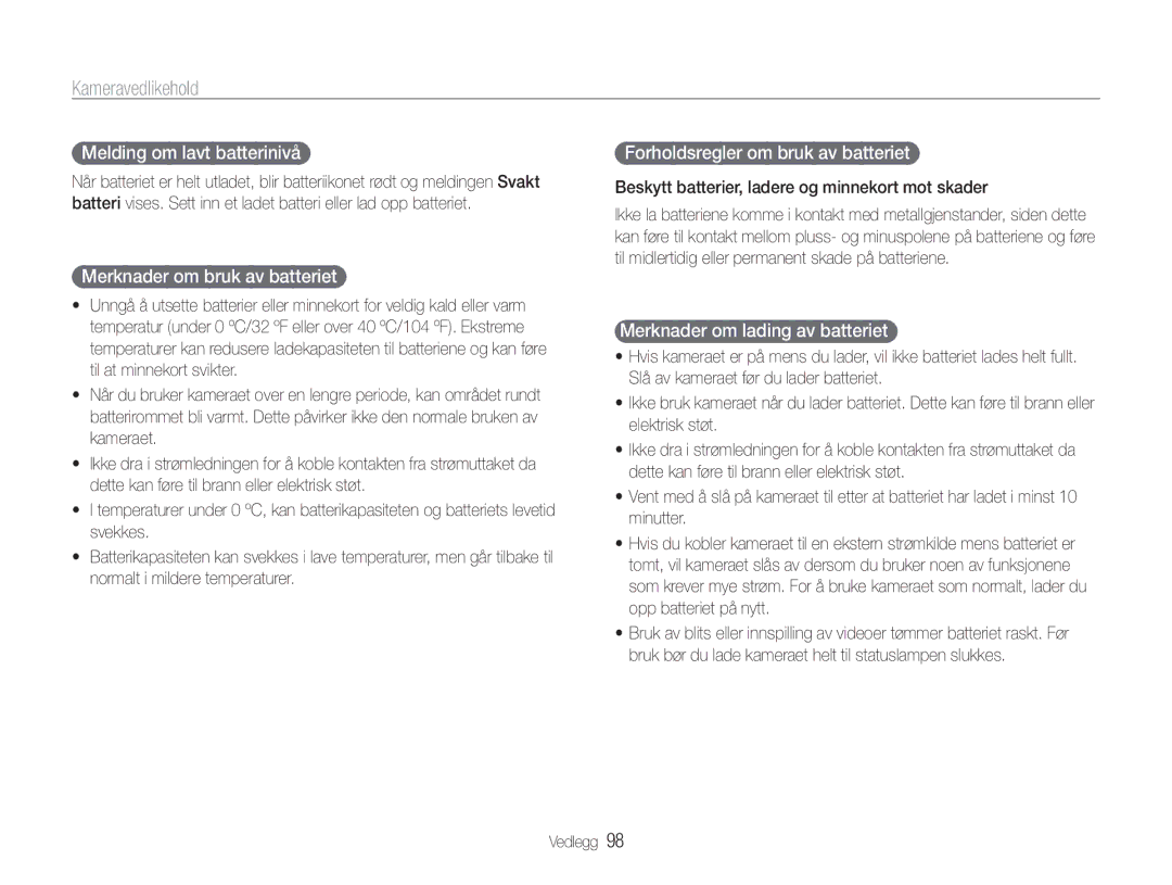 Samsung EC-ST94ZZBPRE2 Melding om lavt batterinivå, Merknader om bruk av batteriet, Forholdsregler om bruk av batteriet 