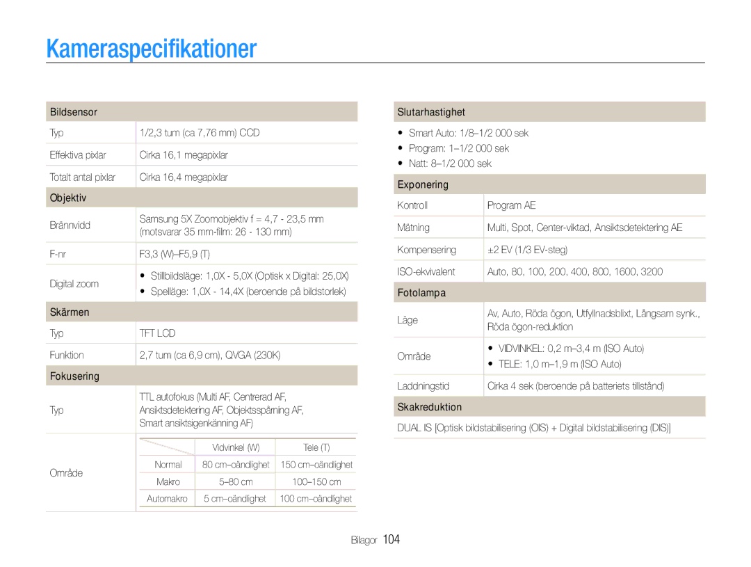 Samsung EC-ST93ZZBPBE2, EC-ST94ZZBPBE2, EC-ST93ZZBPRE2, EC-ST94ZZBPRE2 manual Kameraspecifikationer 