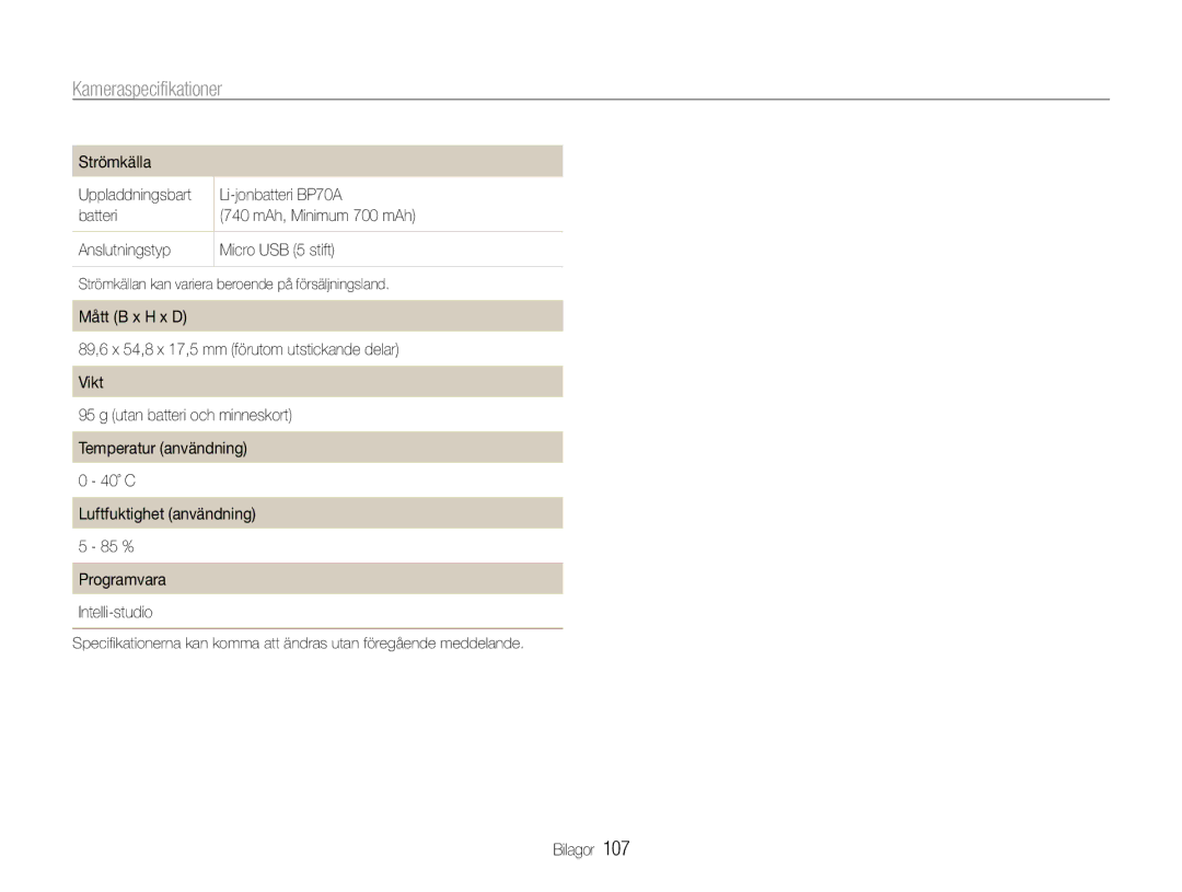 Samsung EC-ST94ZZBPBE2, EC-ST93ZZBPBE2, EC-ST93ZZBPRE2, EC-ST94ZZBPRE2 manual Strömkälla, Li-jonbatteri BP70A 