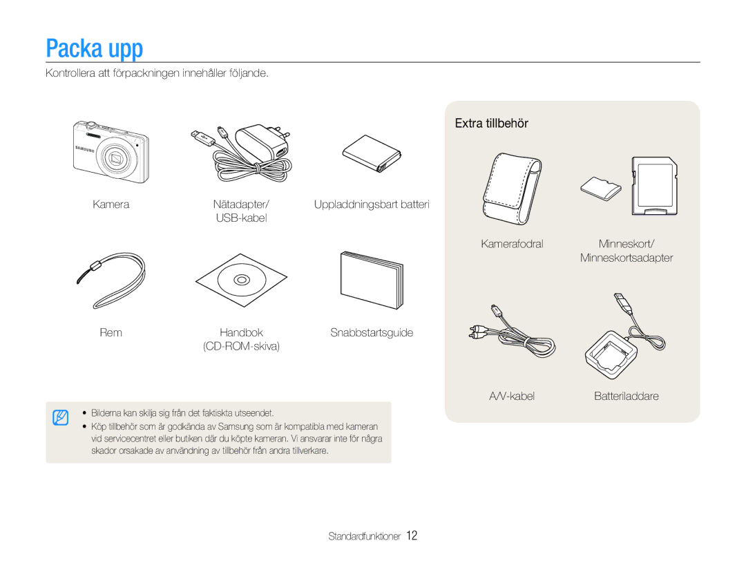 Samsung EC-ST93ZZBPBE2, EC-ST94ZZBPBE2, EC-ST93ZZBPRE2, EC-ST94ZZBPRE2 manual Packa upp, Extra tillbehör 