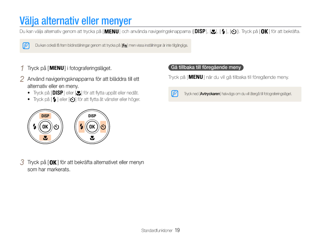 Samsung EC-ST94ZZBPBE2 manual Välja alternativ eller menyer, Tryck på Fotograferingsläget, Alternativ eller en meny 